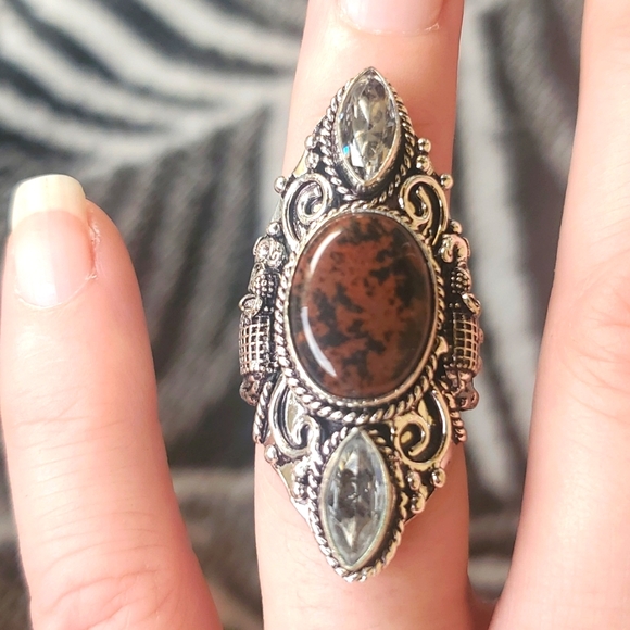 New Mahogany Obsidian & White Topaz 925 Silver Carved Elephant Statement Ring. - Picture 11 of 12